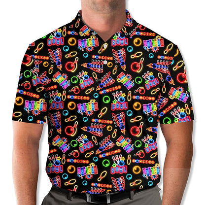Another lifestyle view of a person wearing the black bowling polo shirt