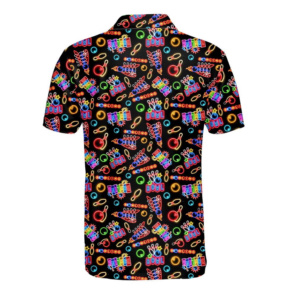 Lifestyle shot highlighting the neon bowling design on the polo shirt