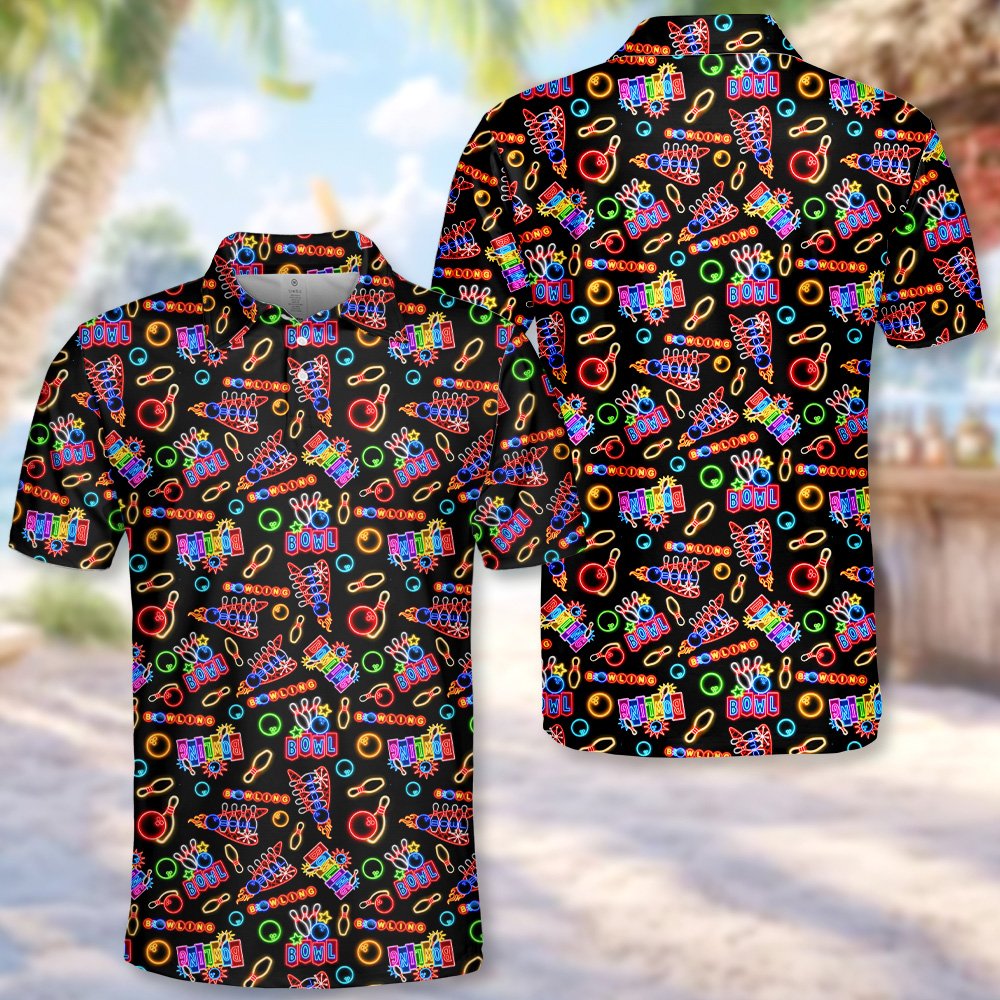 Casual lifestyle photo showing the vibrant neon colors of the bowling polo shirt