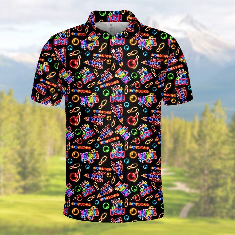 Final lifestyle view showcasing the full neon retro bowling polo shirt design