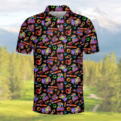 Final lifestyle view showcasing the full neon retro bowling polo shirt design