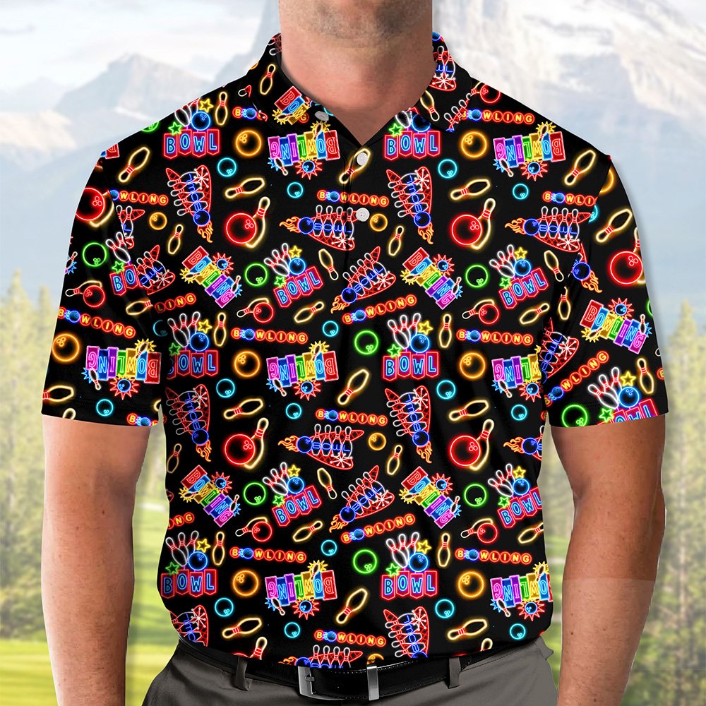 Lifestyle view of a person wearing the retro neon bowling polo shirt