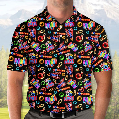 Lifestyle view of a person wearing the retro neon bowling polo shirt