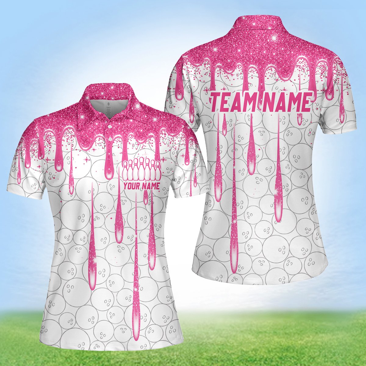 Front view of custom bowling polo shirt with name