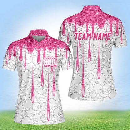 Front view of custom bowling polo shirt with name