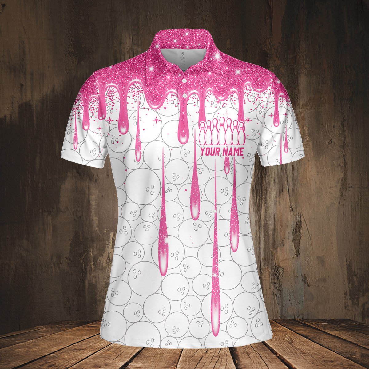 Third lifestyle view of the white bowling polo shirt