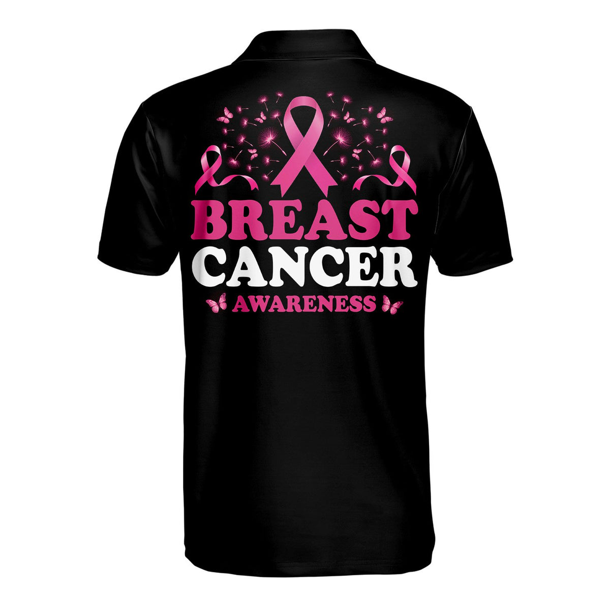 Back view of the polo shirt featuring a large pink ribbon, butterflies, and breast cancer awareness text