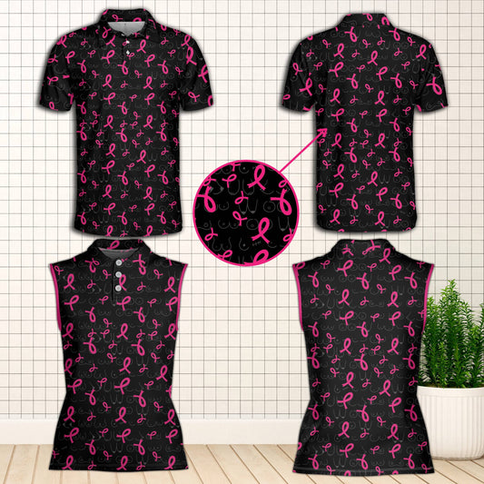 Polo shirt with breast pocket styling featuring pink breast cancer awareness ribbons on black background, main view