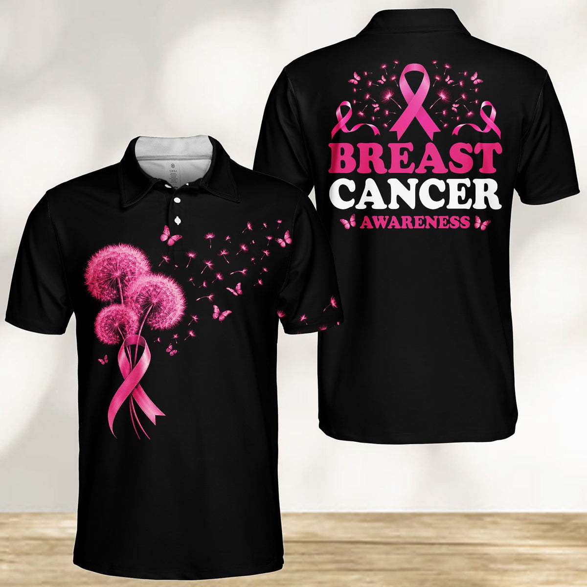 Alternate front view of the black polo shirt showing the pink ribbon design
