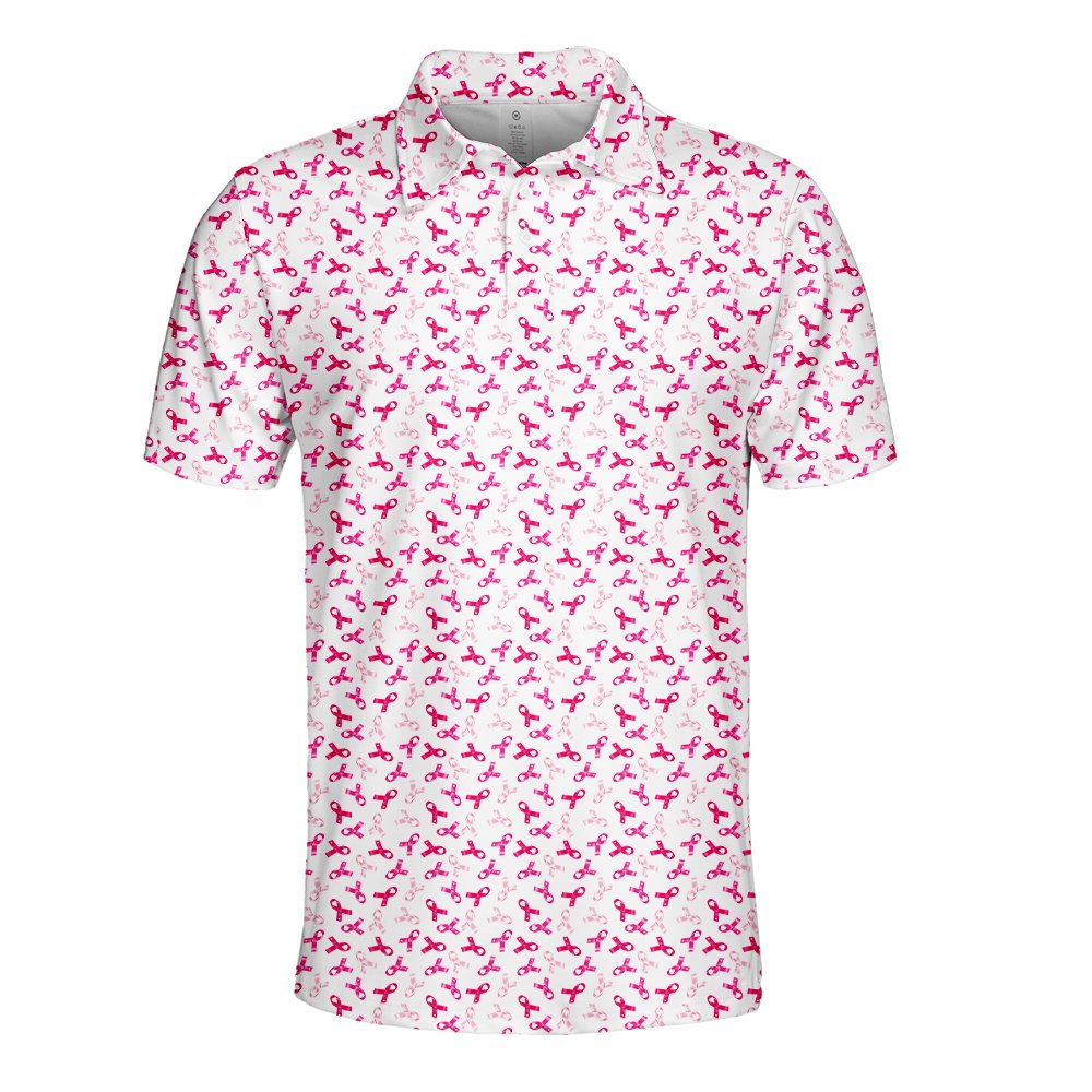 Breast cancer awareness polo shirt featuring pink and white ribbons on a black background, front view