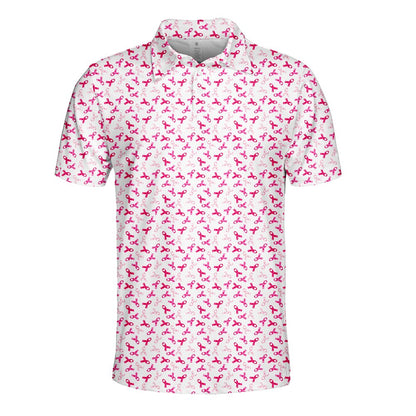 Breast cancer awareness polo shirt featuring pink and white ribbons on a black background, front view