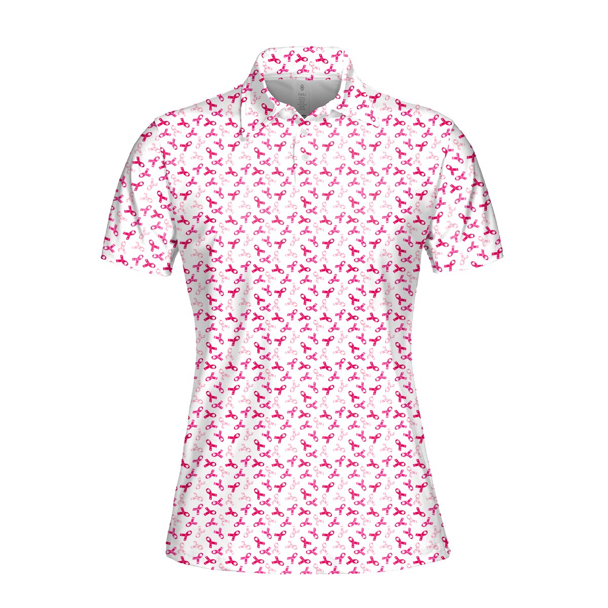 Breast cancer awareness polo shirt featuring pink and white ribbons on a black background, secondary front view