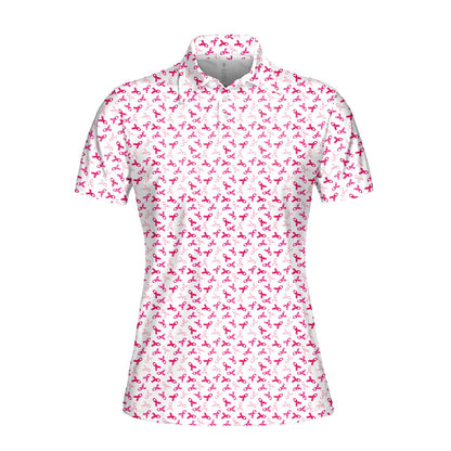Breast cancer awareness polo shirt featuring pink and white ribbons on a black background, secondary front view
