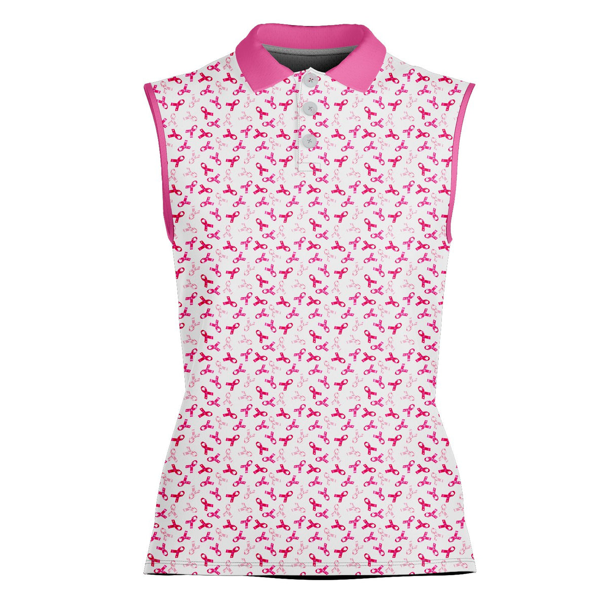 Breast cancer awareness polo shirt featuring pink and white ribbons on a black background, third front view