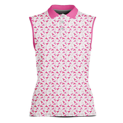 Breast cancer awareness polo shirt featuring pink and white ribbons on a black background, third front view