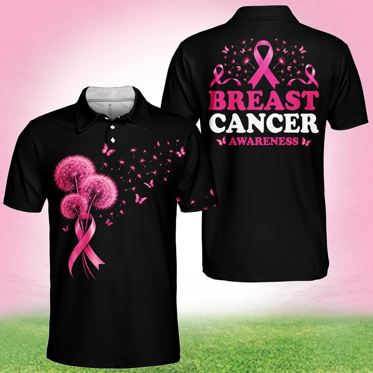 Front view of the breast cancer awareness polo shirt