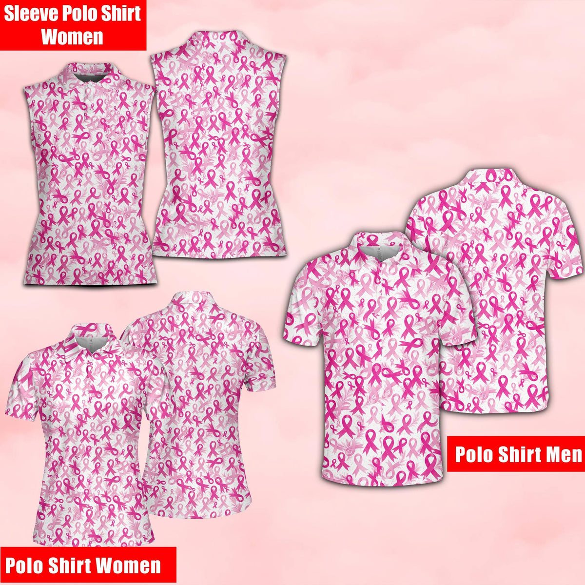 Polo breast cancer shirt featuring scattered pink ribbons on a light background, main view