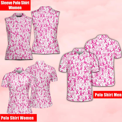 Polo breast cancer shirt featuring scattered pink ribbons on a light background, main view
