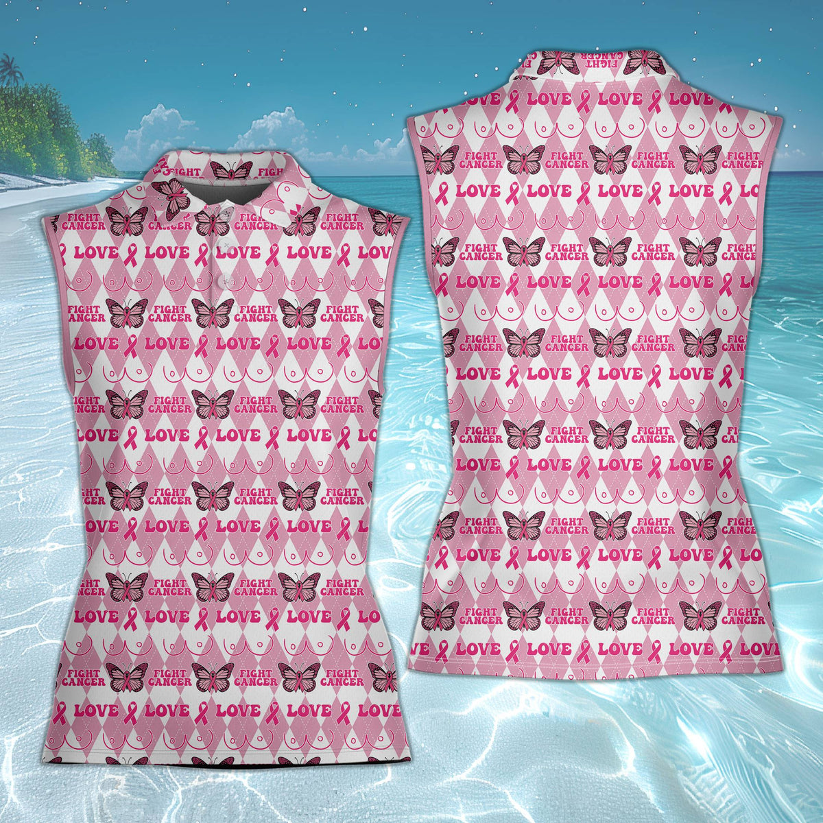 Front view of the geometric polo shirt with pink breast cancer awareness motifs.