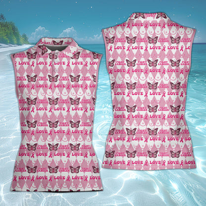 Main view of the breast cancer polo shirt showing pink and white diamonds and ribbons.