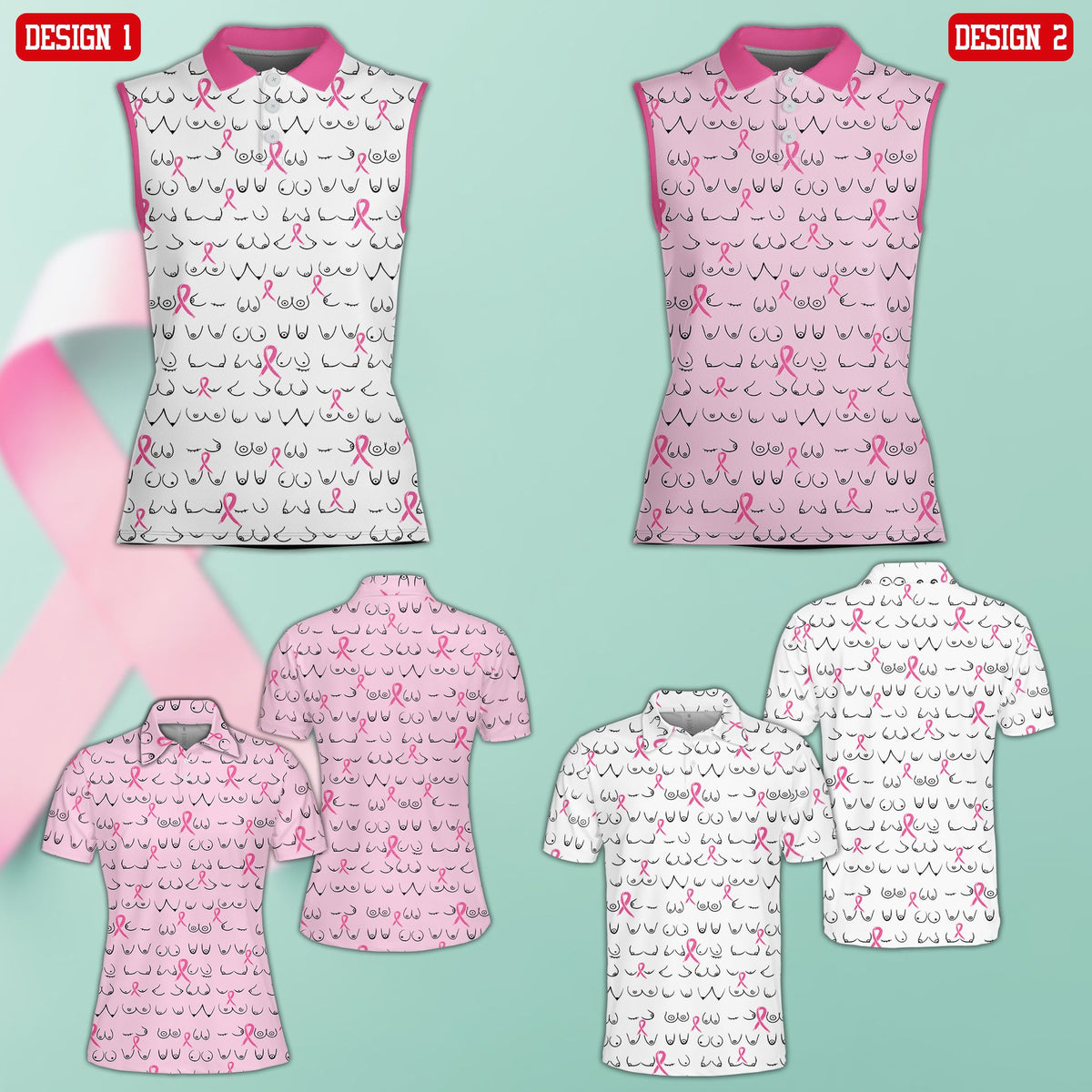 Multicolor breast cancer awareness polo shirt with pink ribbons, front view