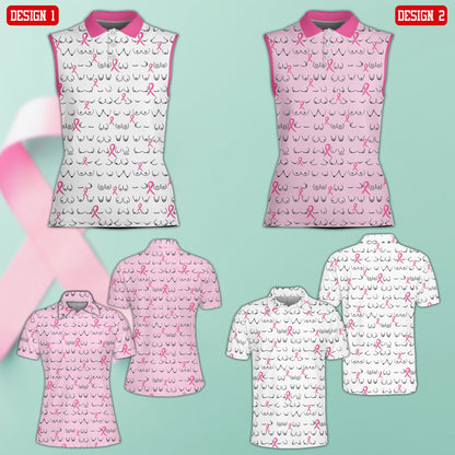 Multicolor breast cancer awareness polo shirt with pink ribbons, front view