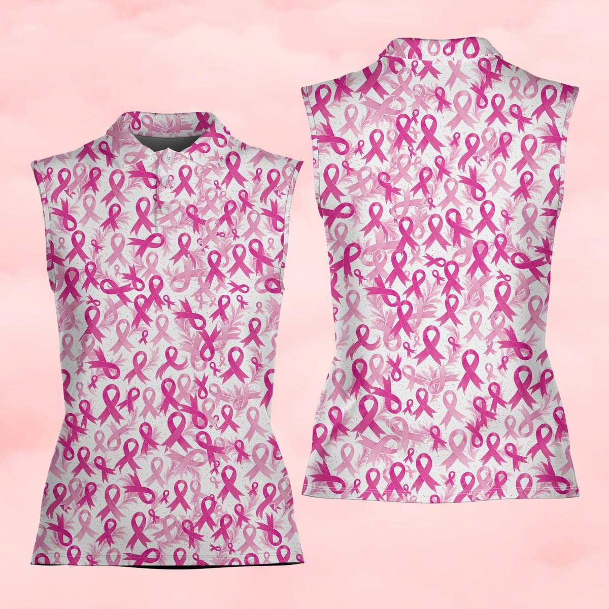 Pink breast polo shirt displaying all-over ribbon pattern, alternate front view