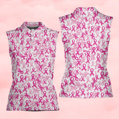 Pink breast polo shirt displaying all-over ribbon pattern, alternate front view