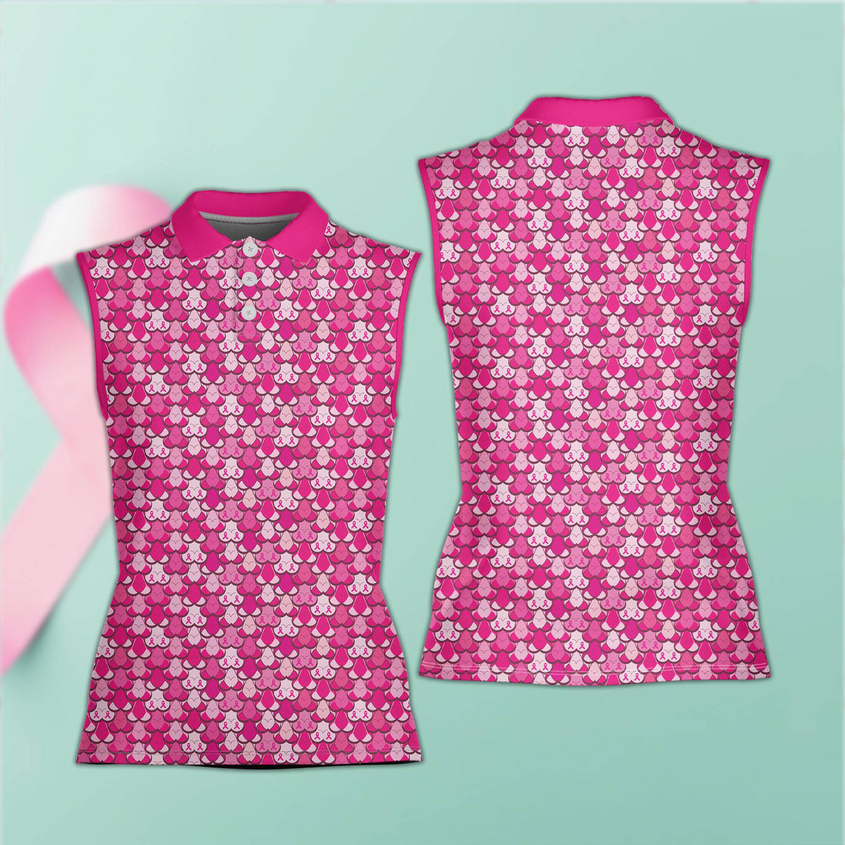 Detailed front view of the pink ribbon and heart pattern on the breast cancer awareness polo shirt