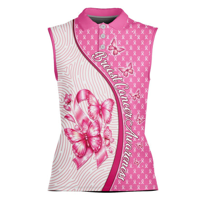 Pink breast polo shirt displaying split-panel ribbon design, front detail view