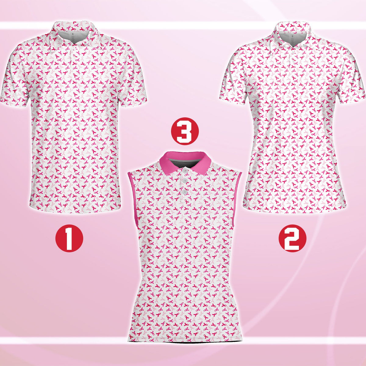 Breast cancer awareness polo shirt featuring a multicolor pink ribbon pattern, secondary front view