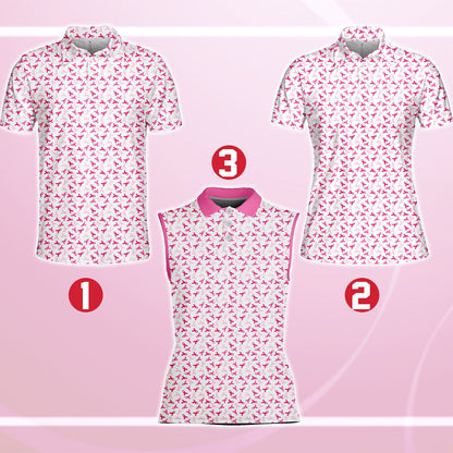 Breast cancer awareness polo shirt featuring a multicolor pink ribbon pattern, secondary front view