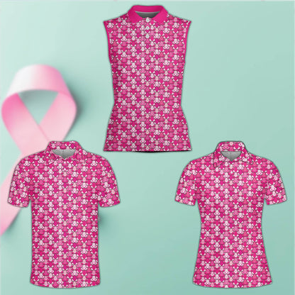 Breast cancer awareness polo shirt featuring an abstract pattern of pink ribbons and hearts, front view