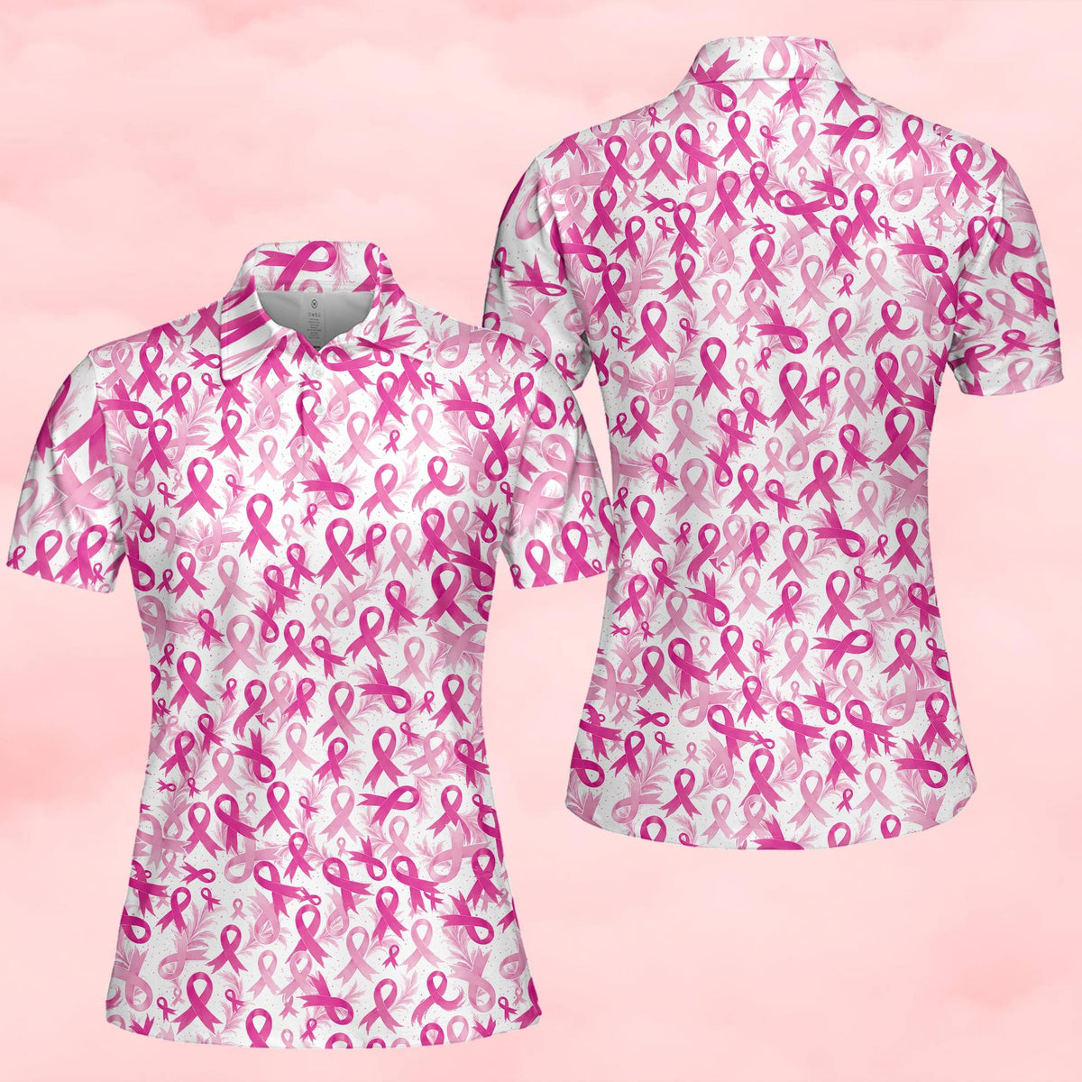 Adult polo shirt with breast cancer awareness design, front view detail