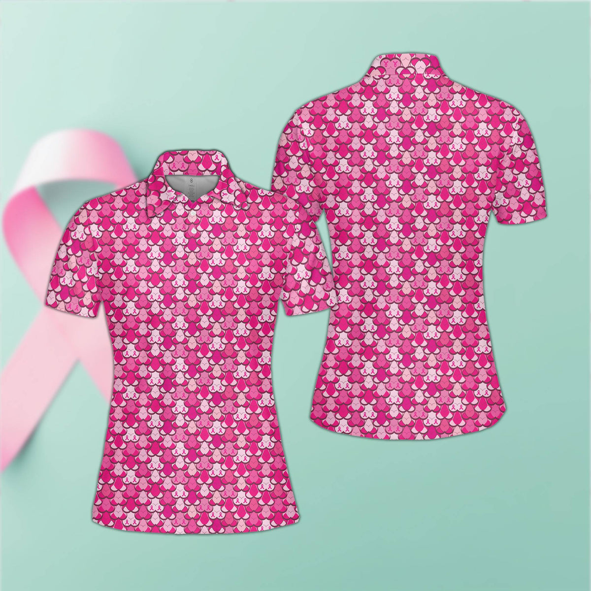 Close-up front view highlighting the various shades of pink on the breast cancer awareness polo shirt