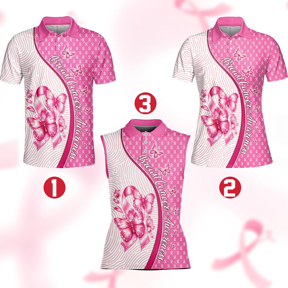Breast cancer awareness polo shirt showcasing abstract pink and white patterns, full front view