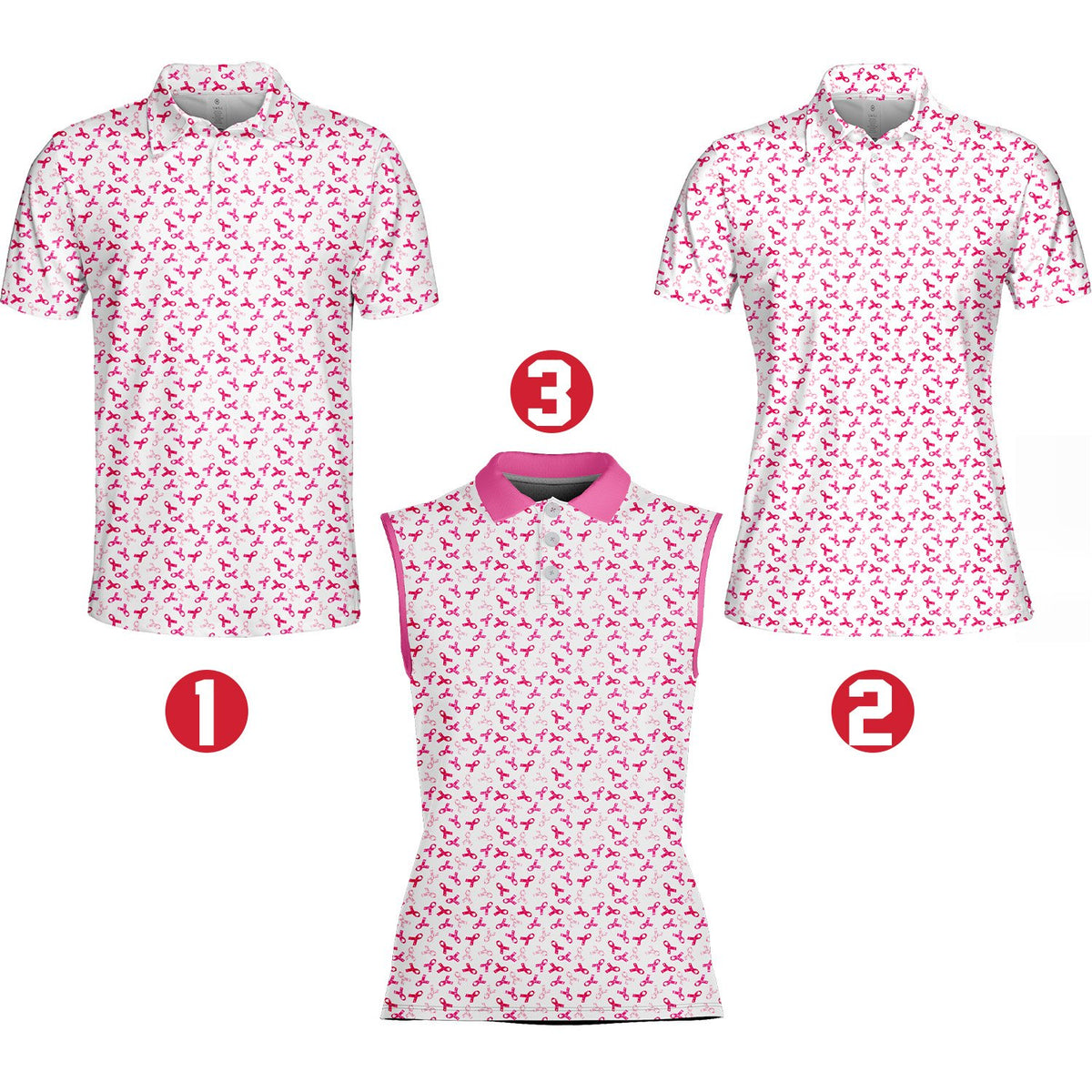 Breast cancer awareness polo shirt featuring a multicolor pink ribbon pattern, third front view