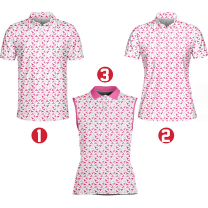 Breast cancer awareness polo shirt featuring a multicolor pink ribbon pattern, third front view
