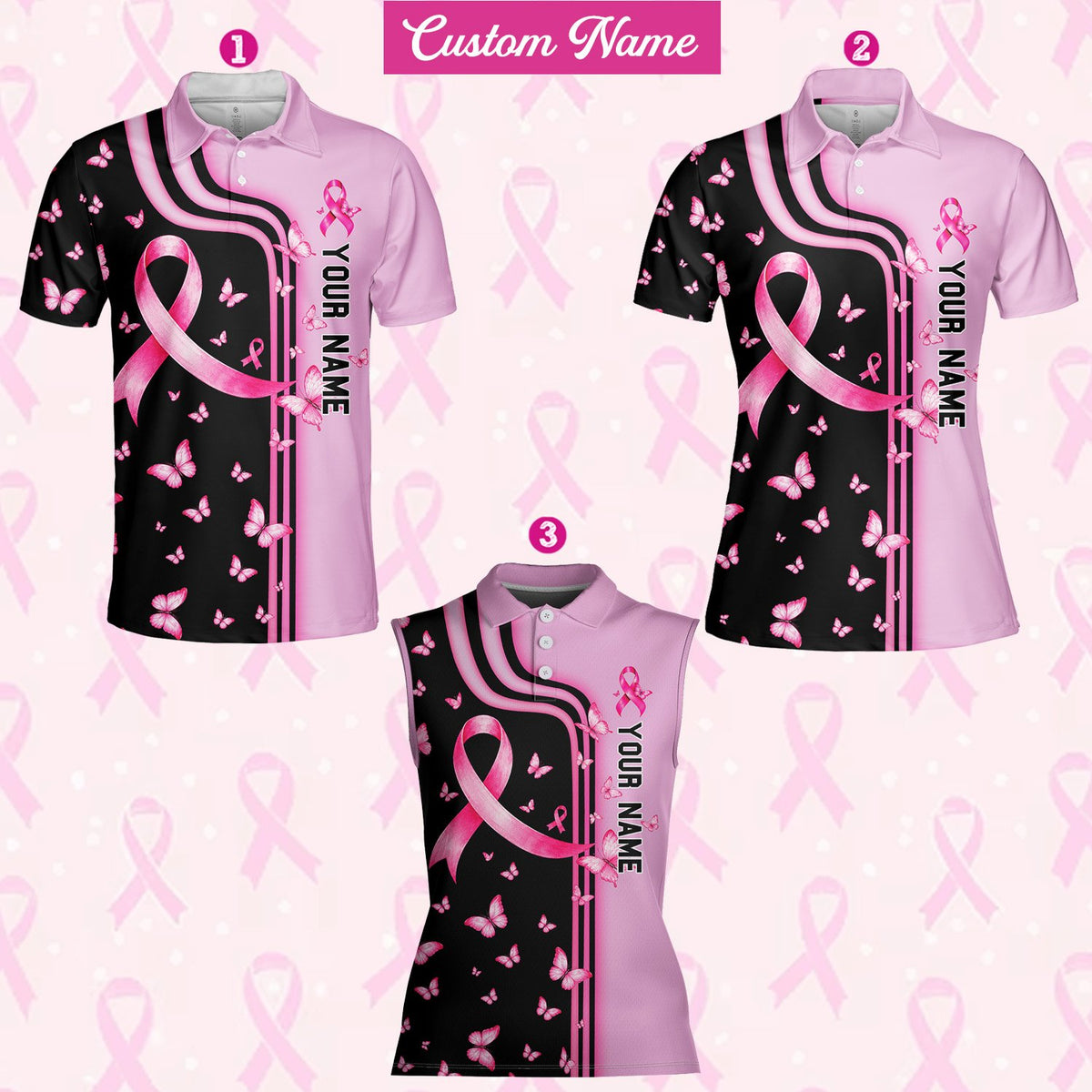 Front angle of the breast cancer awareness polo shirt