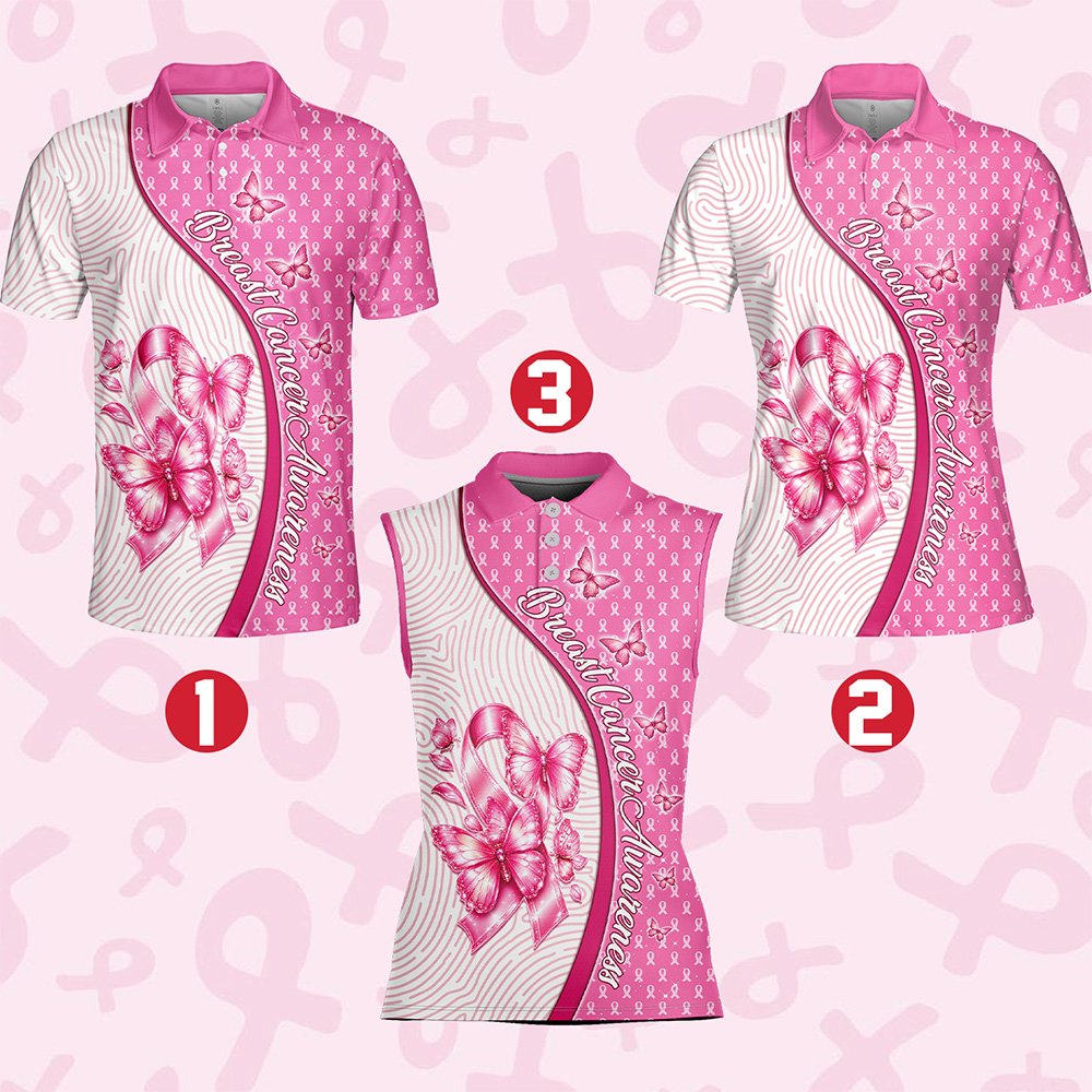 Front view of the abstract polo shirt highlighting the breast cancer awareness sash