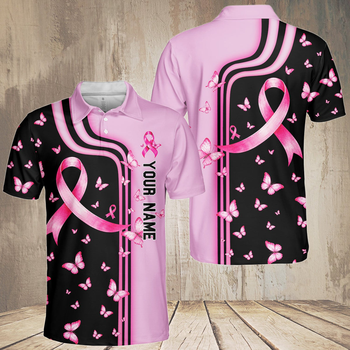 Front perspective of the pink and black polo shirt