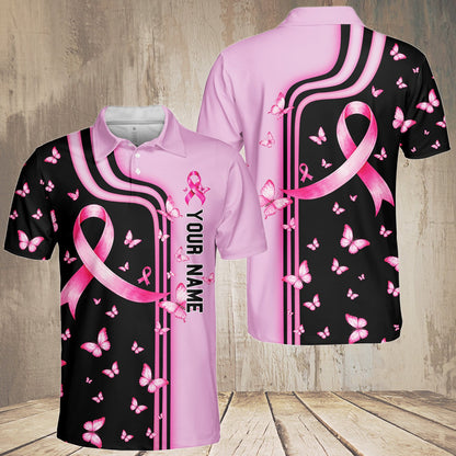 Front perspective of the pink and black polo shirt