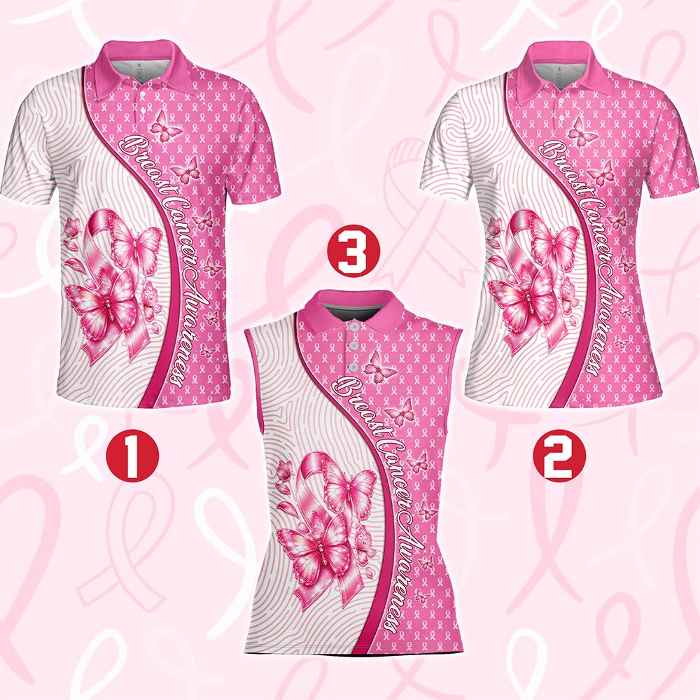 Detailed front view of the pink ribbon and white fingerprint breast cancer awareness polo shirt