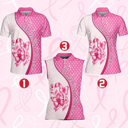 Detailed front view of the pink ribbon and white fingerprint breast cancer awareness polo shirt