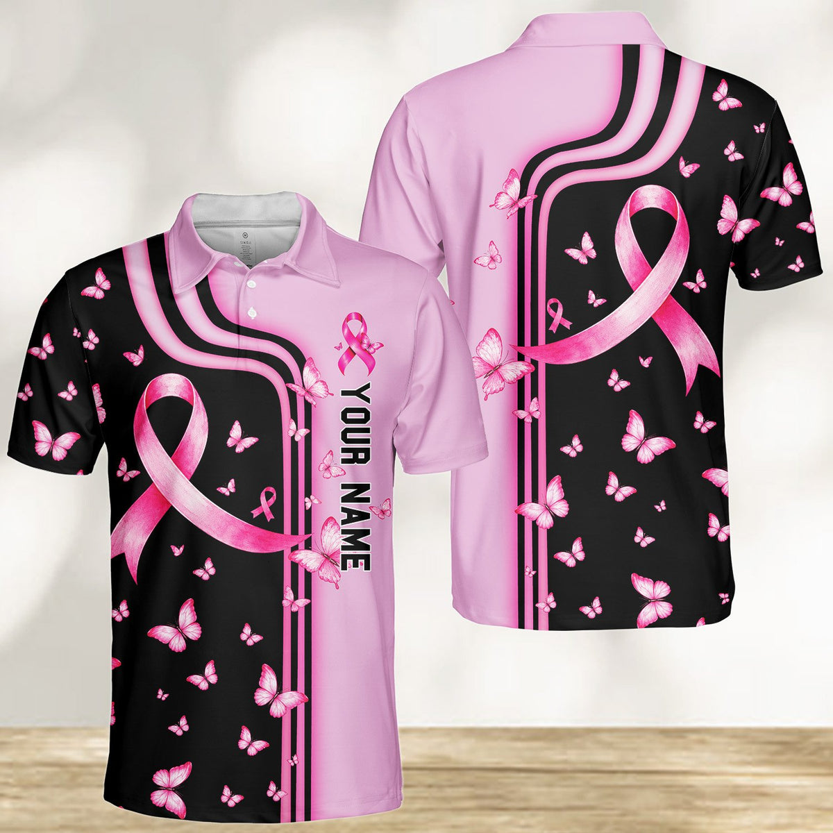 Close up front view of the polo shirt with name space
