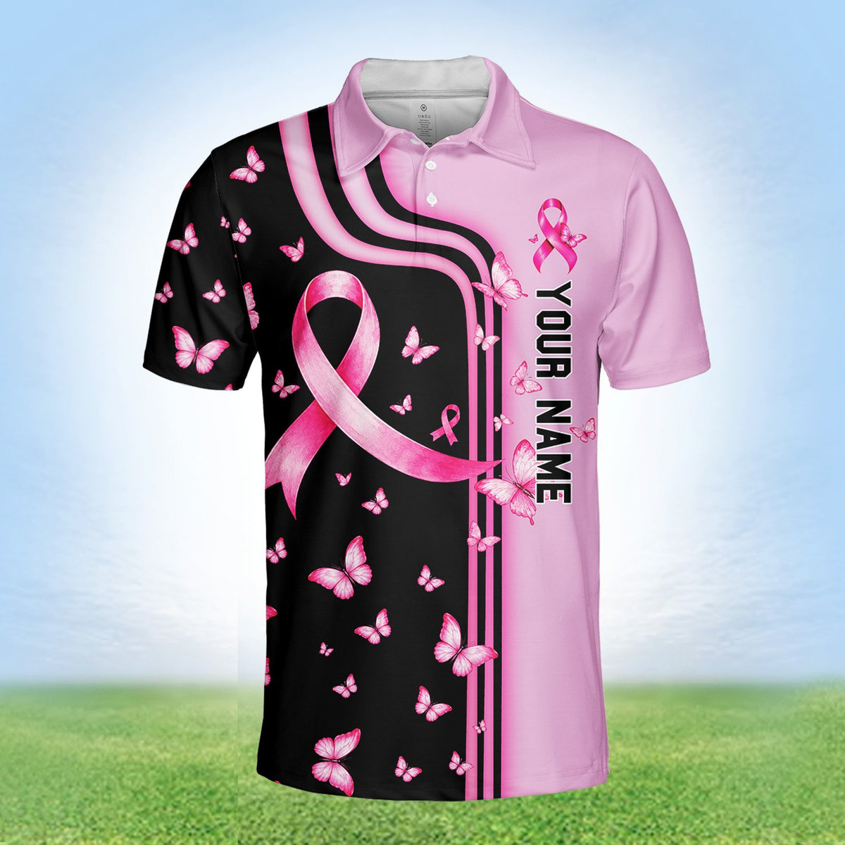 Front lifestyle view of the custom polo shirt