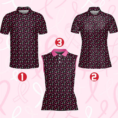 Breast cancer awareness polo shirt featuring a multicolor pink ribbon pattern, fourth front view