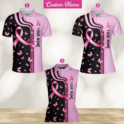 Personalized pink and black breast cancer awareness polo shirt with custom name, main view