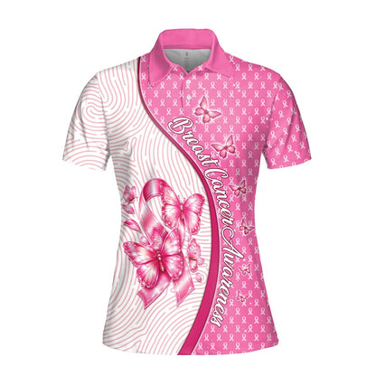 Abstract polo shirt featuring pink breast cancer awareness ribbon and white fingerprint pattern, front view