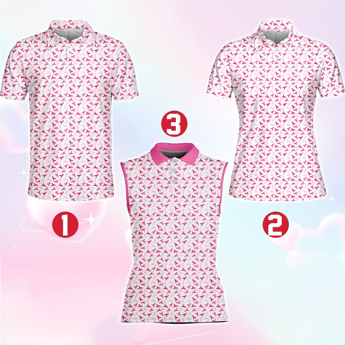 Breast cancer awareness polo shirt featuring a multicolor pink ribbon pattern, front view